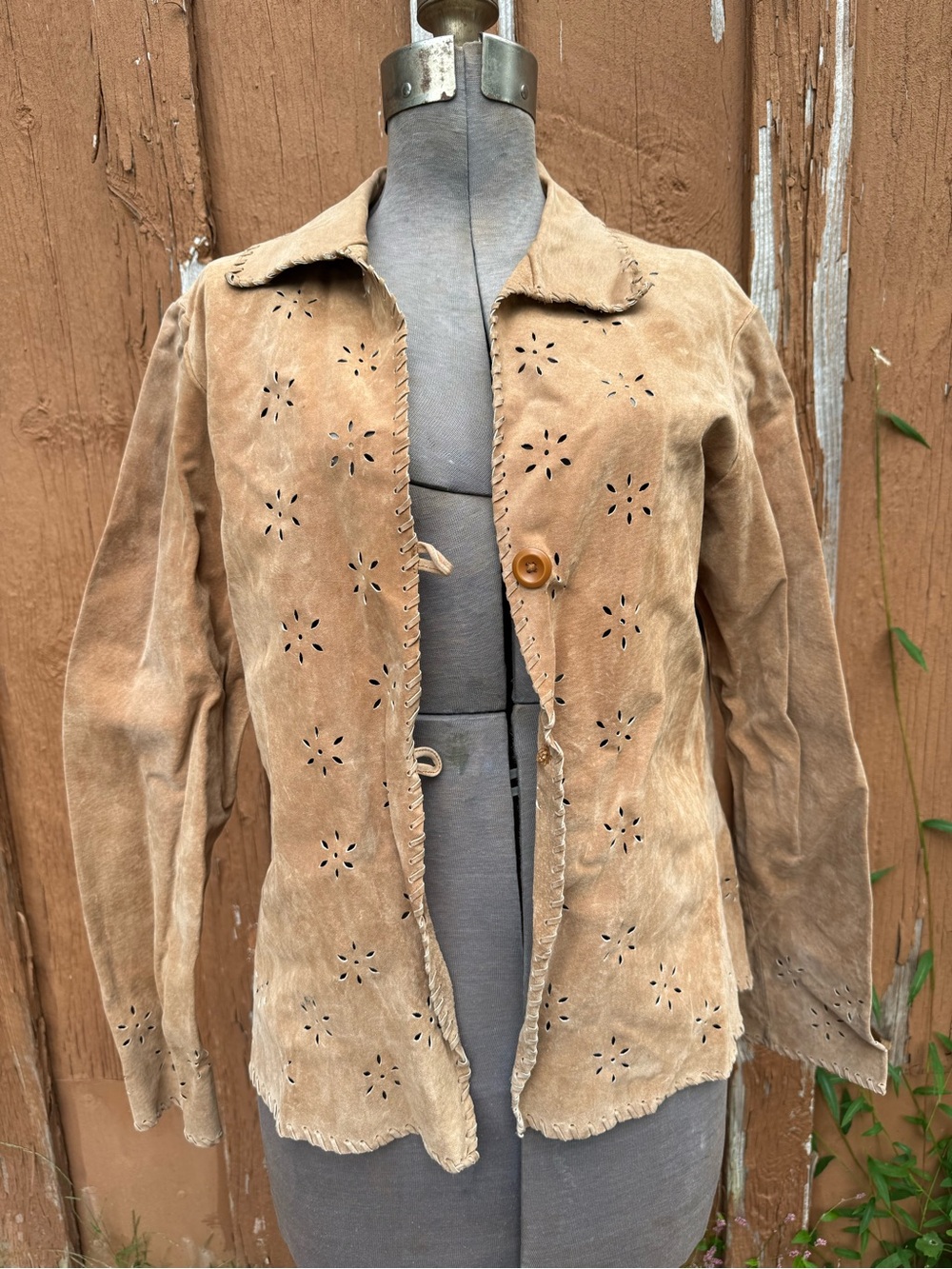 Suede Laser-Cut Button-Front Buckskin - Tan